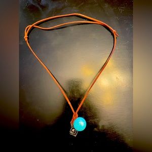 Boho leather adjustable cord necklace w/turquoise cabochon & silver detail